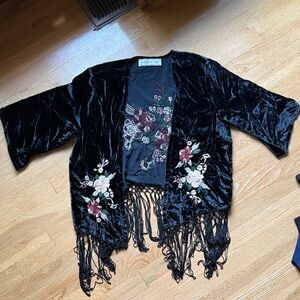 Abercrombie Black Velvet Fringe Kimono with Floral Embroidery